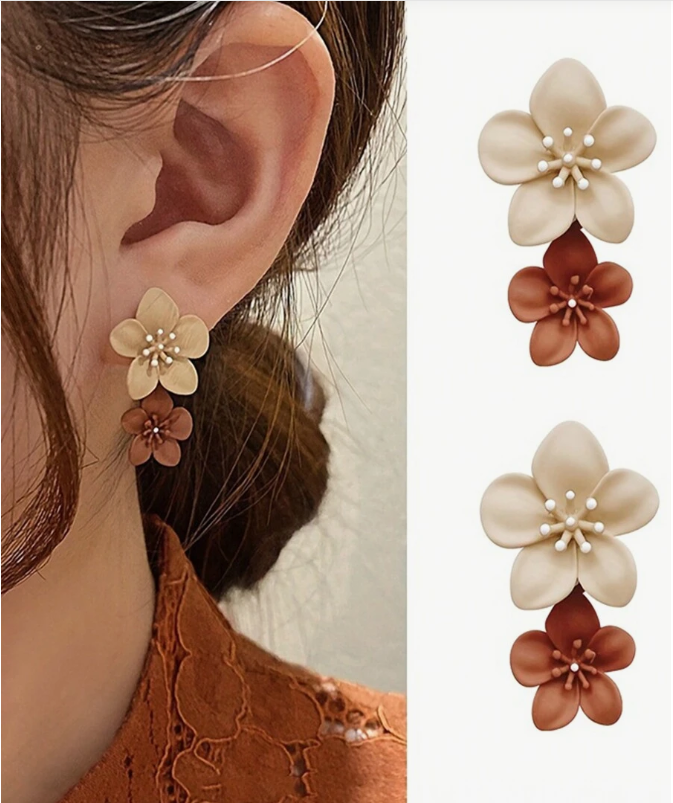 Brown Two Color Flower Earrings