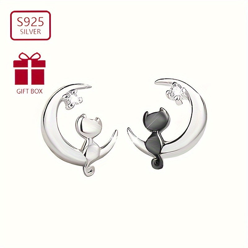 Sterling Silver S925 Exquisite Moon Cat Earrings