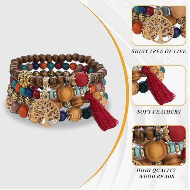 4PCs Bohemia tree of life charm beaded bracelet