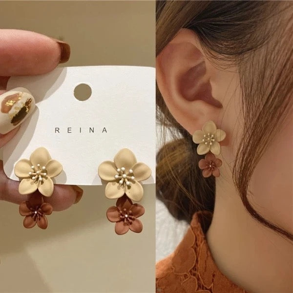 Brown Two Color Flower Earrings