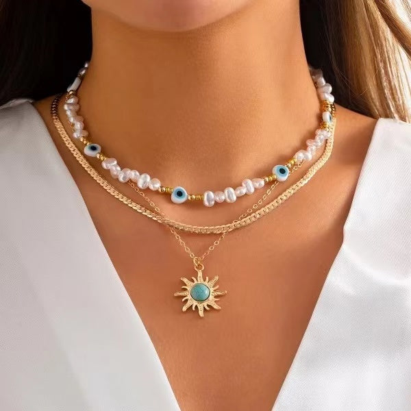 3pcs/set  Sunflower Necklace  Pearl Devil's Eye Beaded Collar Necklace