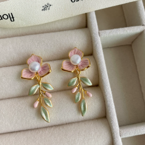 18K gold Flower pearl earrings