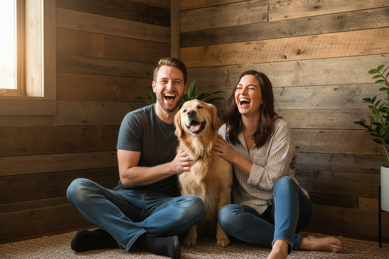 尺寸为750*1100px. 一个男人，一个女人，中间还有一只狗，坐在木质墙面角落前欢笑