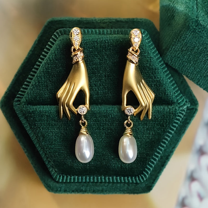 Zircon Lucky Hand Pearl Earrings