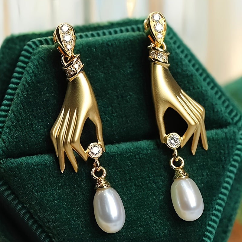 Zircon Lucky Hand Pearl Earrings