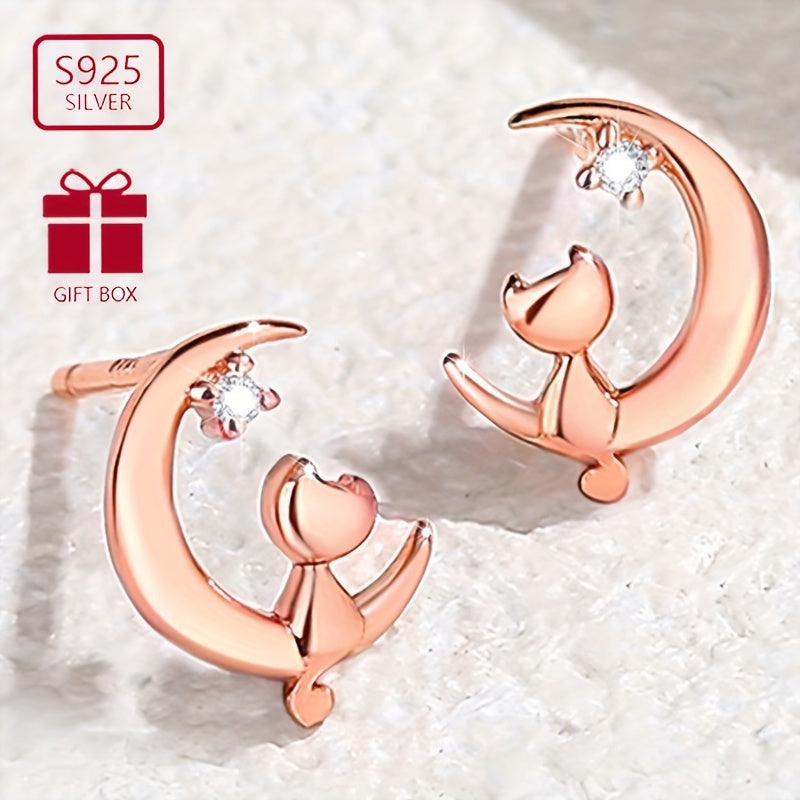Sterling Silver S925 Exquisite Moon Cat Earrings