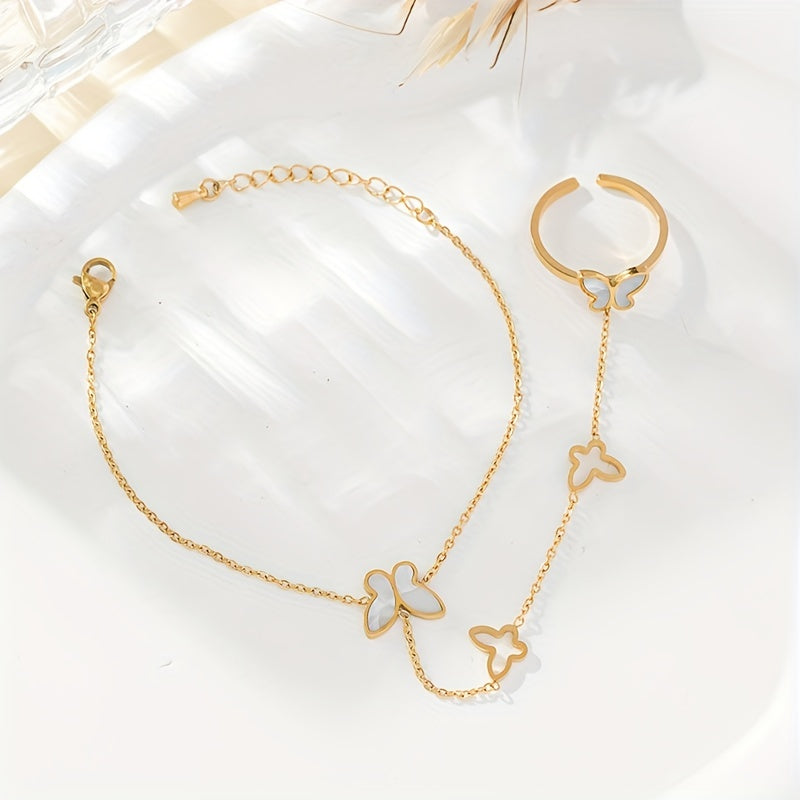 White Shell Butterfly Bracelet Ring Integrated