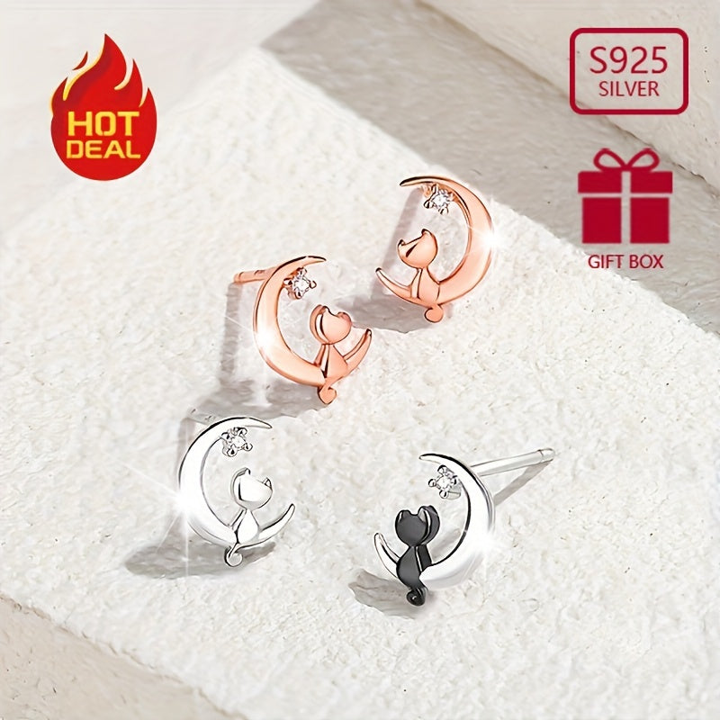Sterling Silver S925 Exquisite Moon Cat Earrings