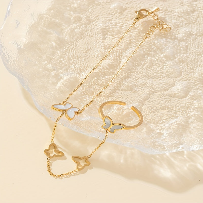 White Shell Butterfly Bracelet Ring Integrated
