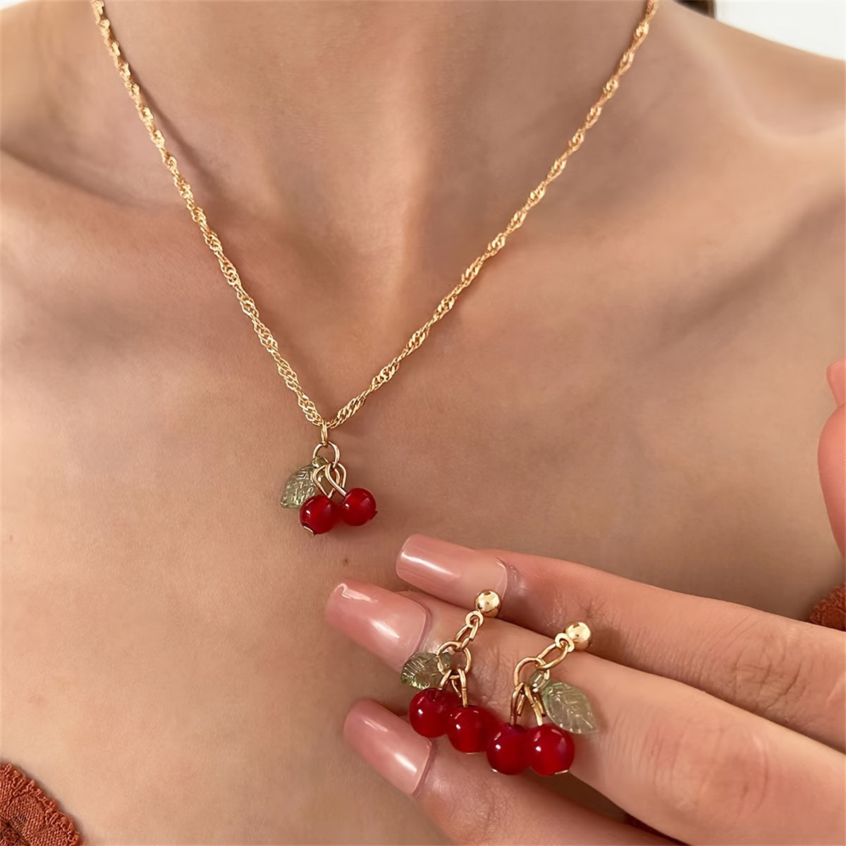 Cherry Pendant Necklace And Earring Set