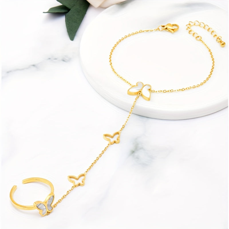 White Shell Butterfly Bracelet Ring Integrated