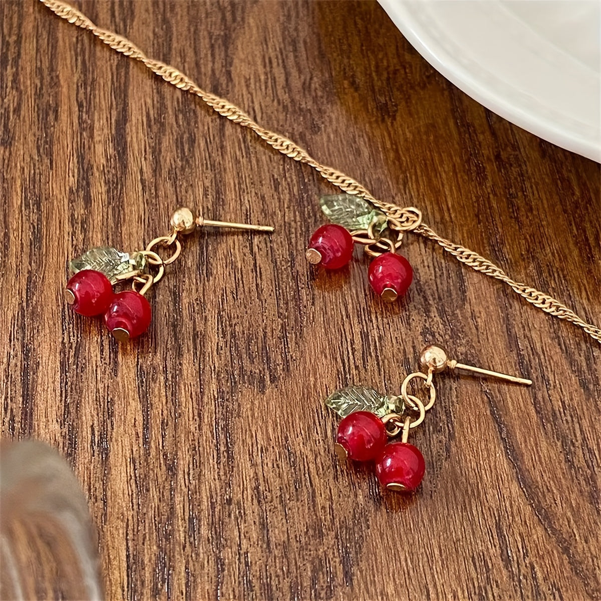 Cherry Pendant Necklace And Earring Set