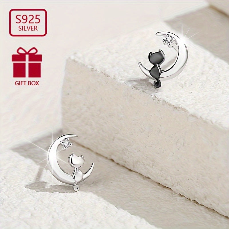 Sterling Silver S925 Exquisite Moon Cat Earrings