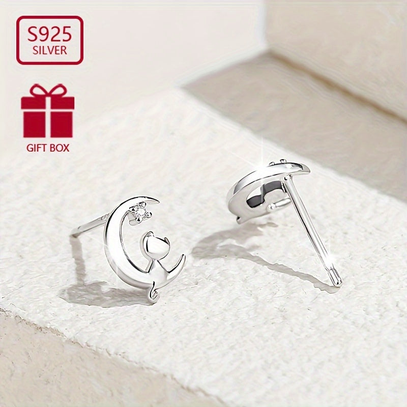 Sterling Silver S925 Exquisite Moon Cat Earrings