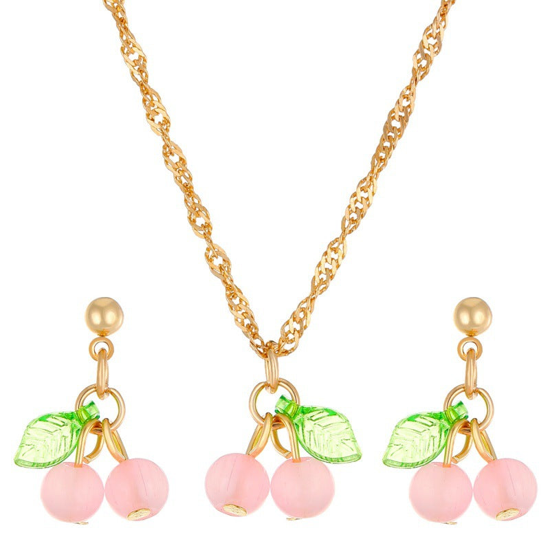 Cherry Pendant Necklace And Earring Set