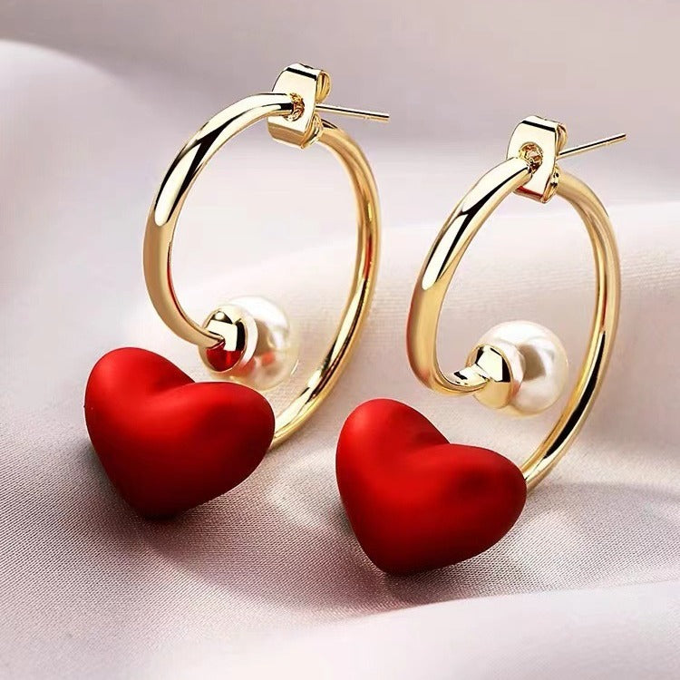Red Heart-shaped Pearl Earrings
